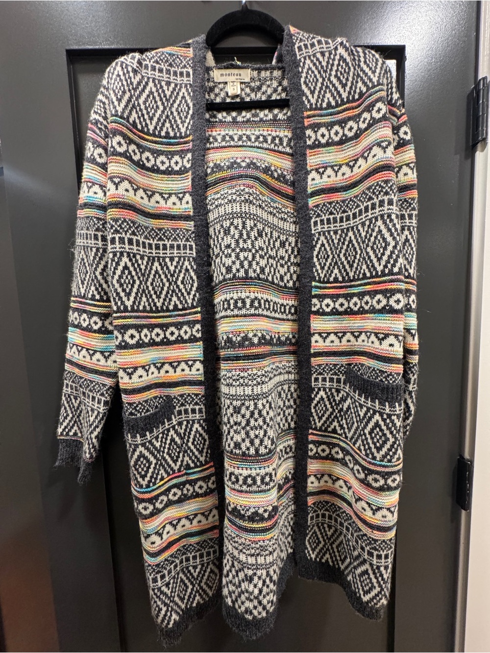 Monteau Open-Front Patterned Cardigan — Black with Multicolor Stripes